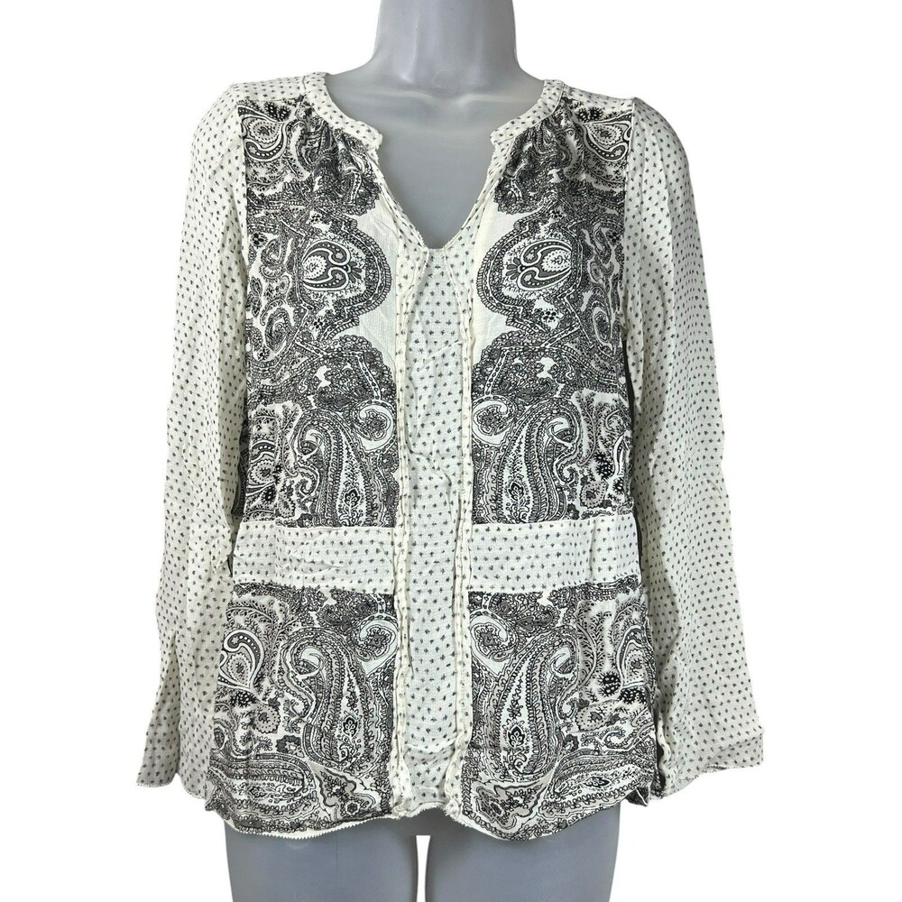 Lucky Brand Boho Peasant Top Small Black White Paisley Print Long Sleeve